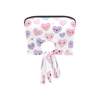 Inkedjoy cute hearts bandeau top white with tie closure and pink purple smiling heart pattern