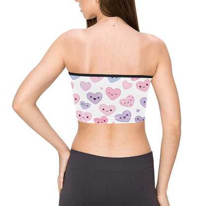 Inkedjoy cute hearts bandeau top with pink and purple smiling heart print on white fabric and black trim back view