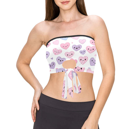 Inkedjoy cute hearts bandeau top white tie front tube top with pink and lavender heart faces on model