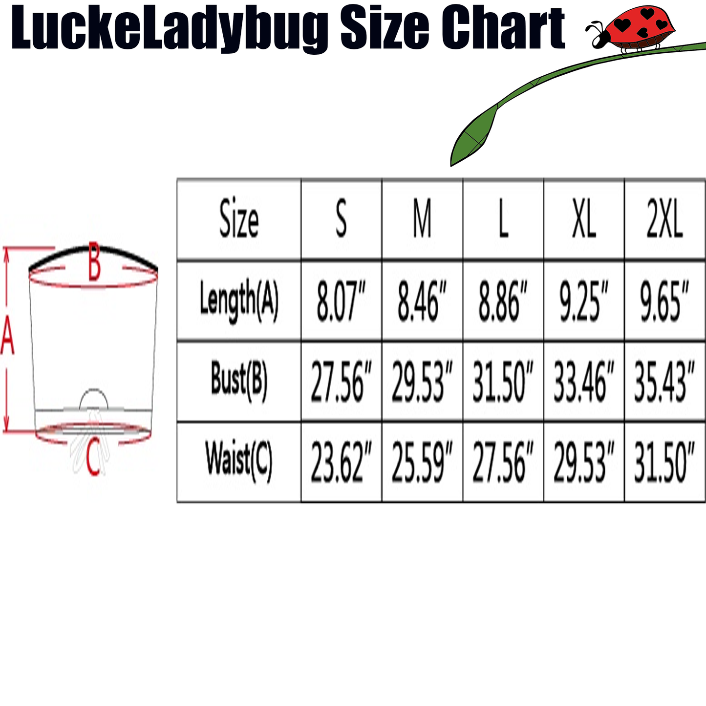 Inkedjoy cute hearts bandeau top size chart showing length bust and waist measurements for S to 2XL
