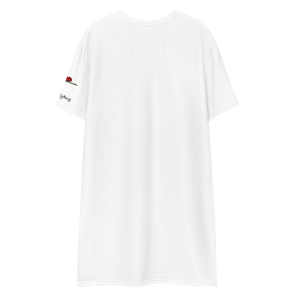Back view of Luckeladybug white cute ladybug t-shirt dress with small ladybug graphic on sleeve