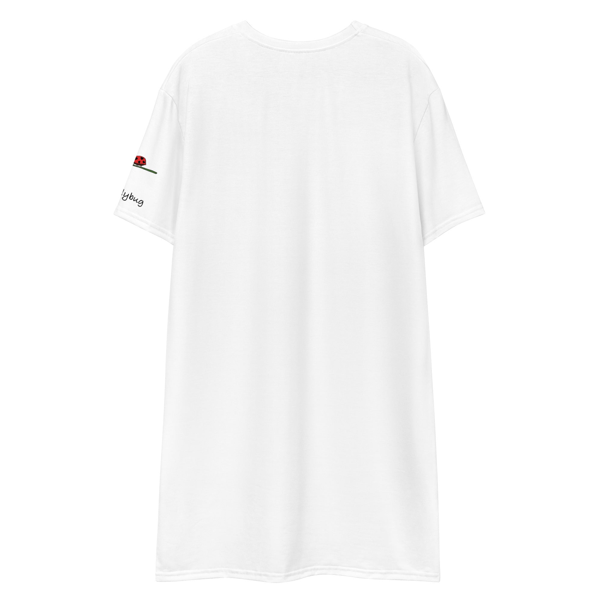 Back view of Luckeladybug white cute ladybug t-shirt dress with small ladybug graphic on sleeve