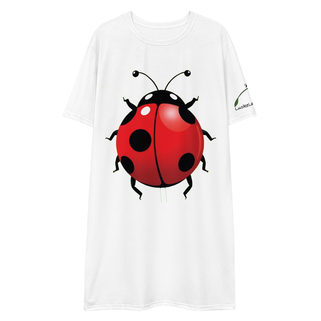 White cute ladybug t-shirt dress with a large red and black ladybug graphic on the front