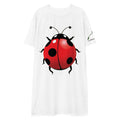 White cute ladybug t-shirt dress with a large red and black ladybug graphic on the front