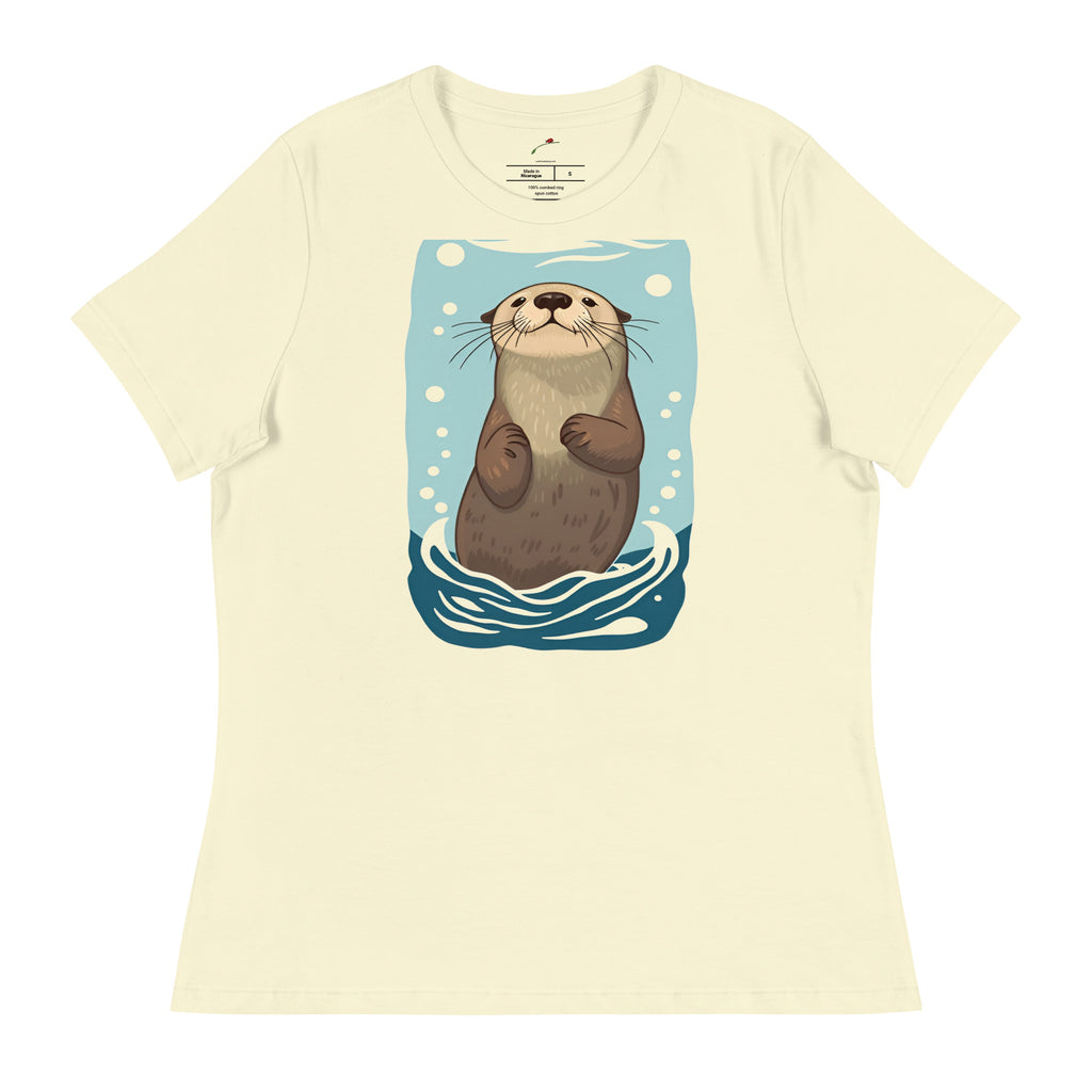 cream t-shirt featuring a cute sea otter graphic tshirt design with blue water and bubbles