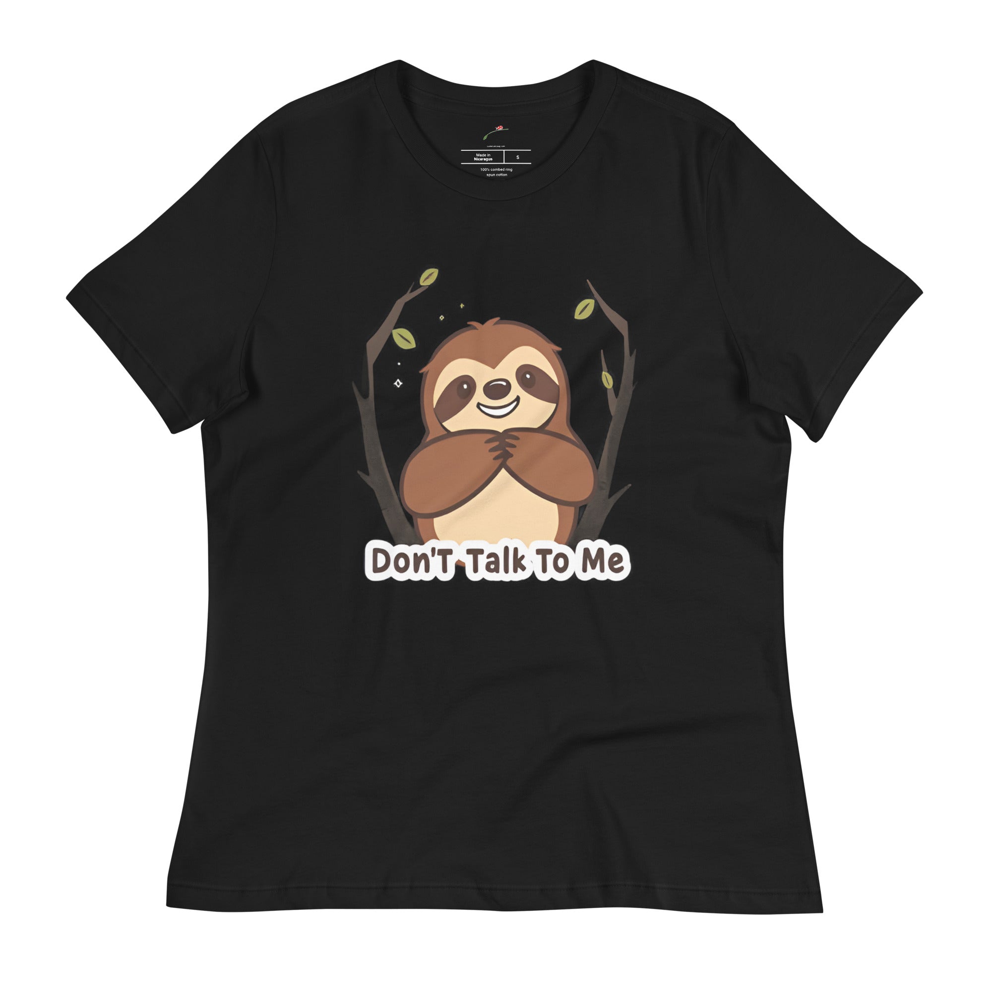 black cute sloth print tee for women with smiley sloth and Don't Talk To Me text
