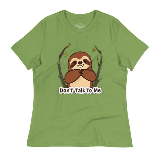 cute sloth print tee for women in green with smiling sloth and dont talk to me text
