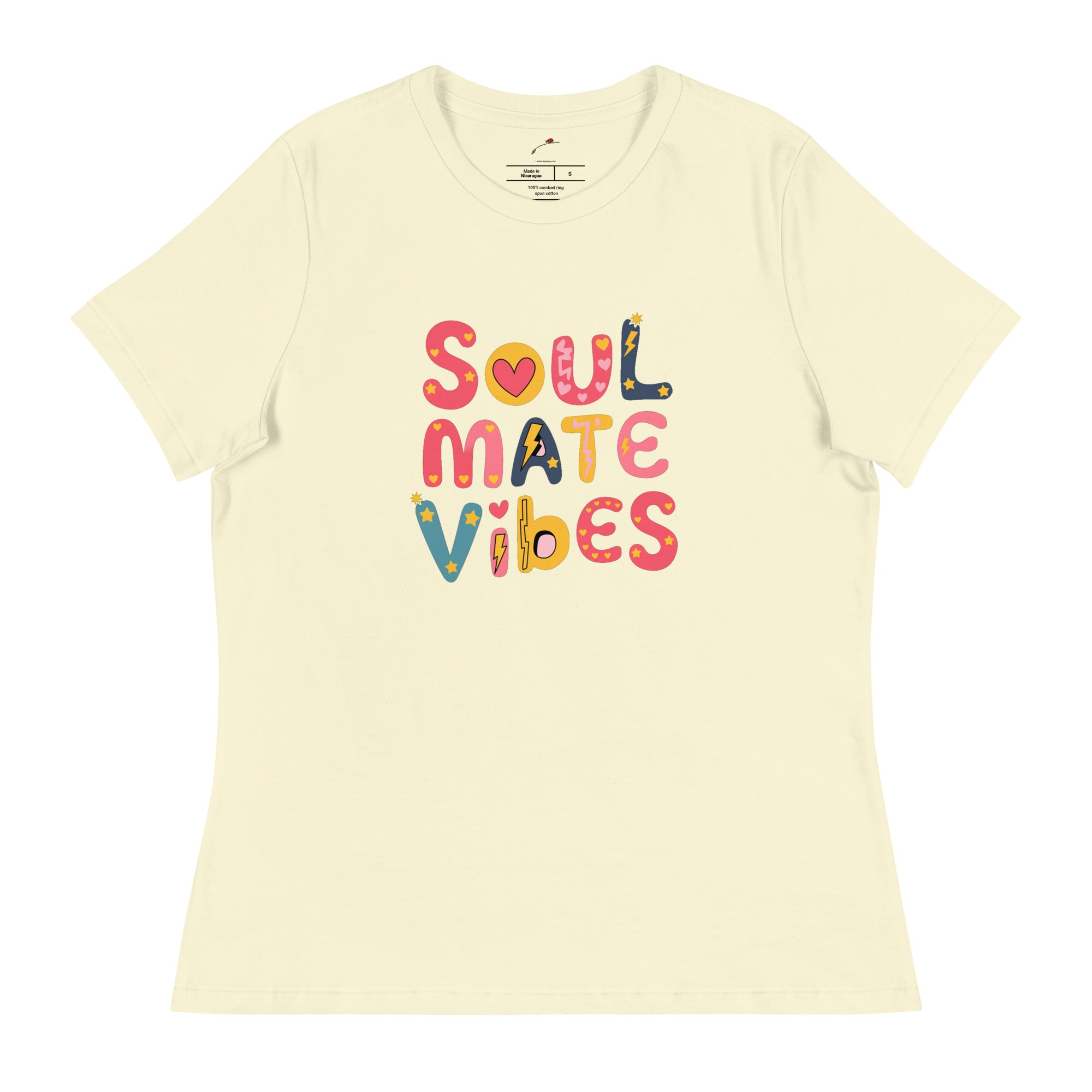 LuckeLadybug cute soulmate vibes shirt for women in cream with colorful playful text design