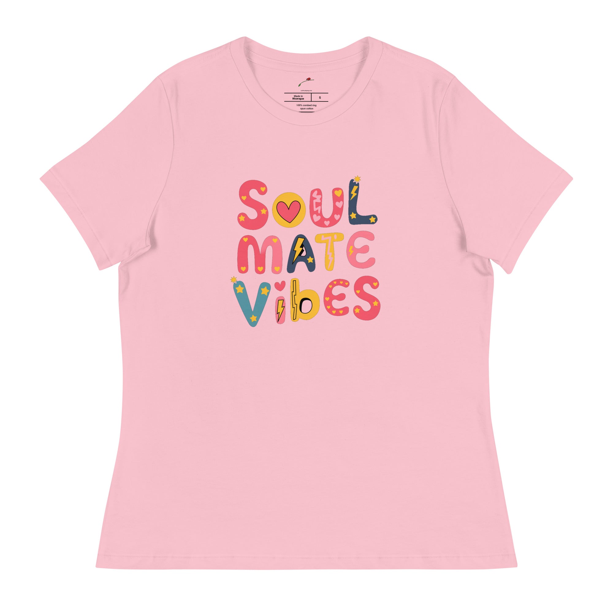 Pink cute soulmate vibes shirt for women with colorful playful lettering graphic