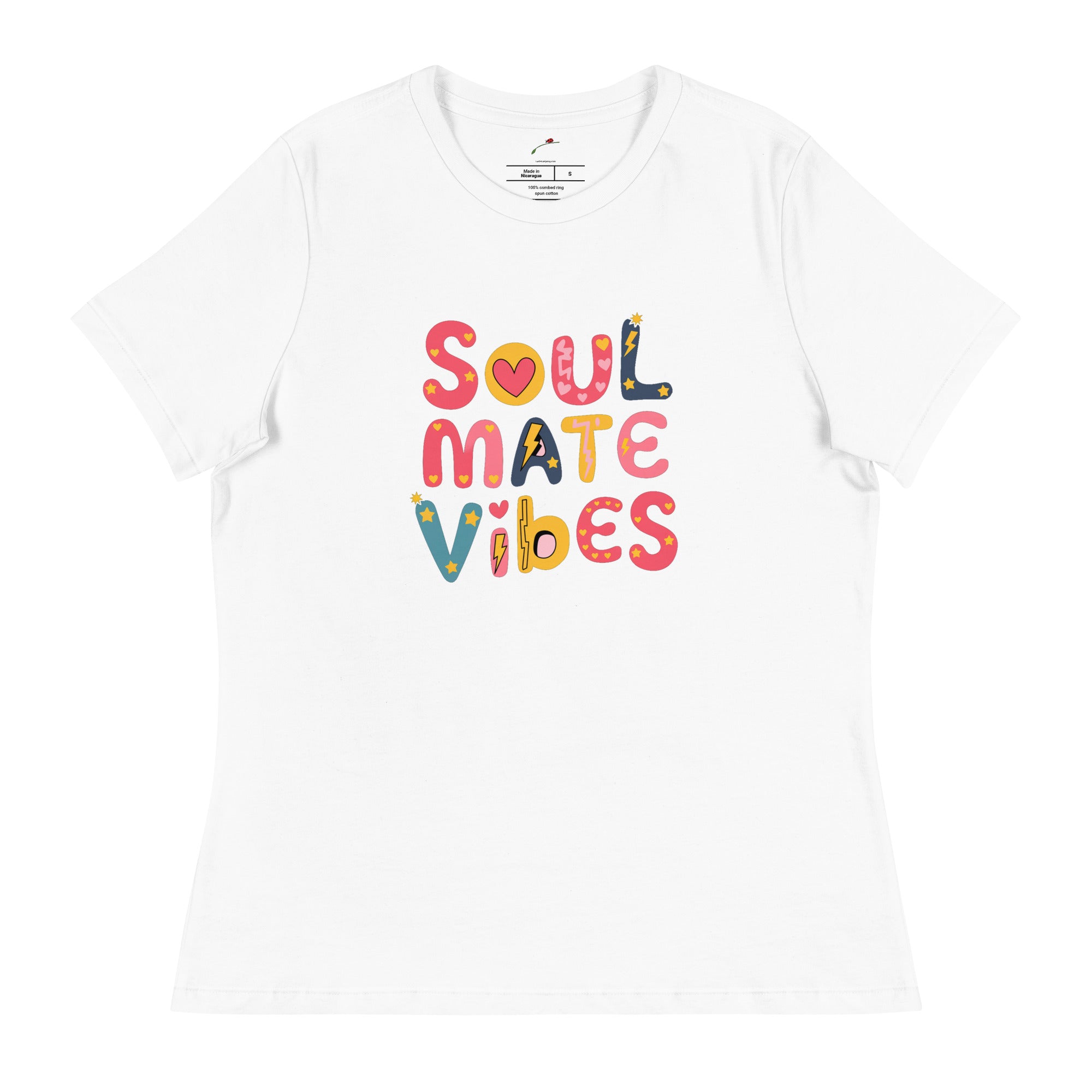 White LuckeLadybug T-shirt with colorful soul mate vibes text design cute soulmate vibes shirt for women