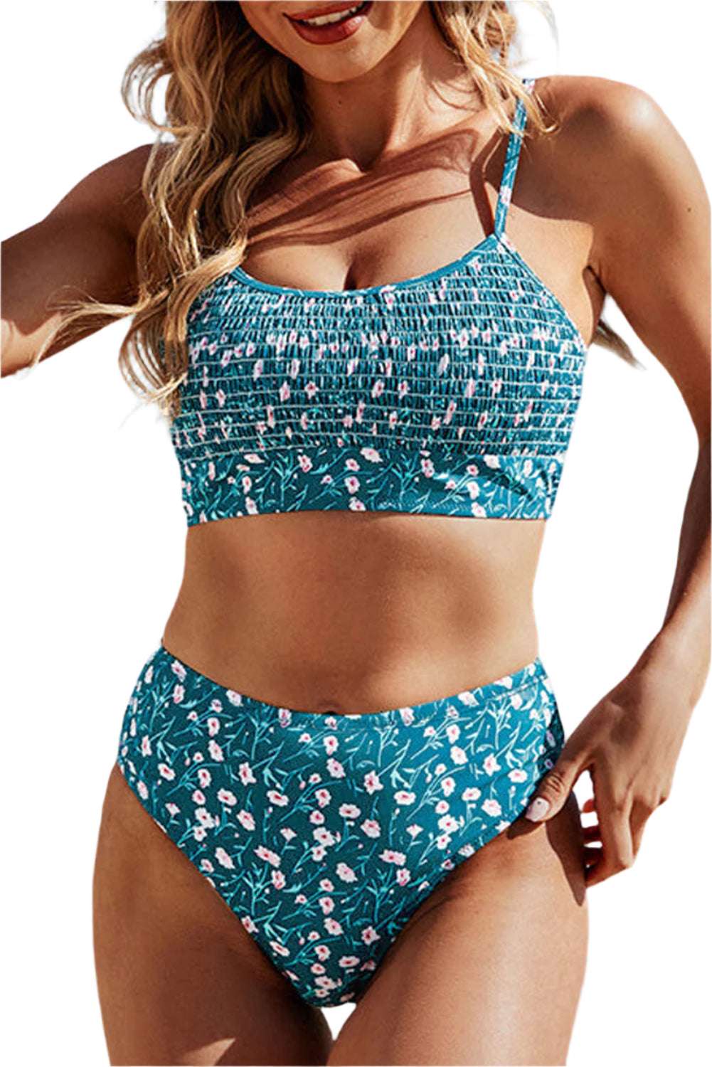 LuckeLadybug LLC blue floral bikini featuring a smocked top and high-waisted bottom cute summer swimwear for women