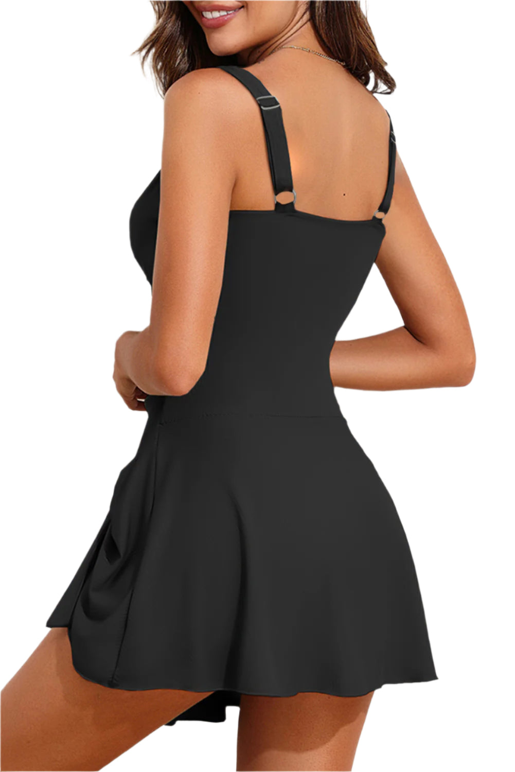 LuckeLadybug LLC black beach dress featuring adjustable straps and cutout ruched swimwear for women style
