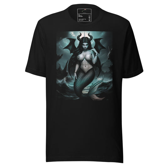 Black dark mermaid graphic tee featuring a gothic mermaid with horns and wings on the front
