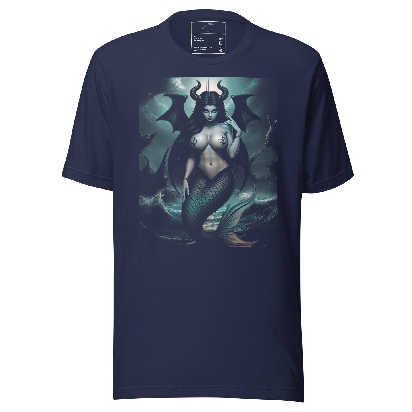 Dark mermaid graphic tee in navy blue featuring a horned mermaid with wings and a fish tail