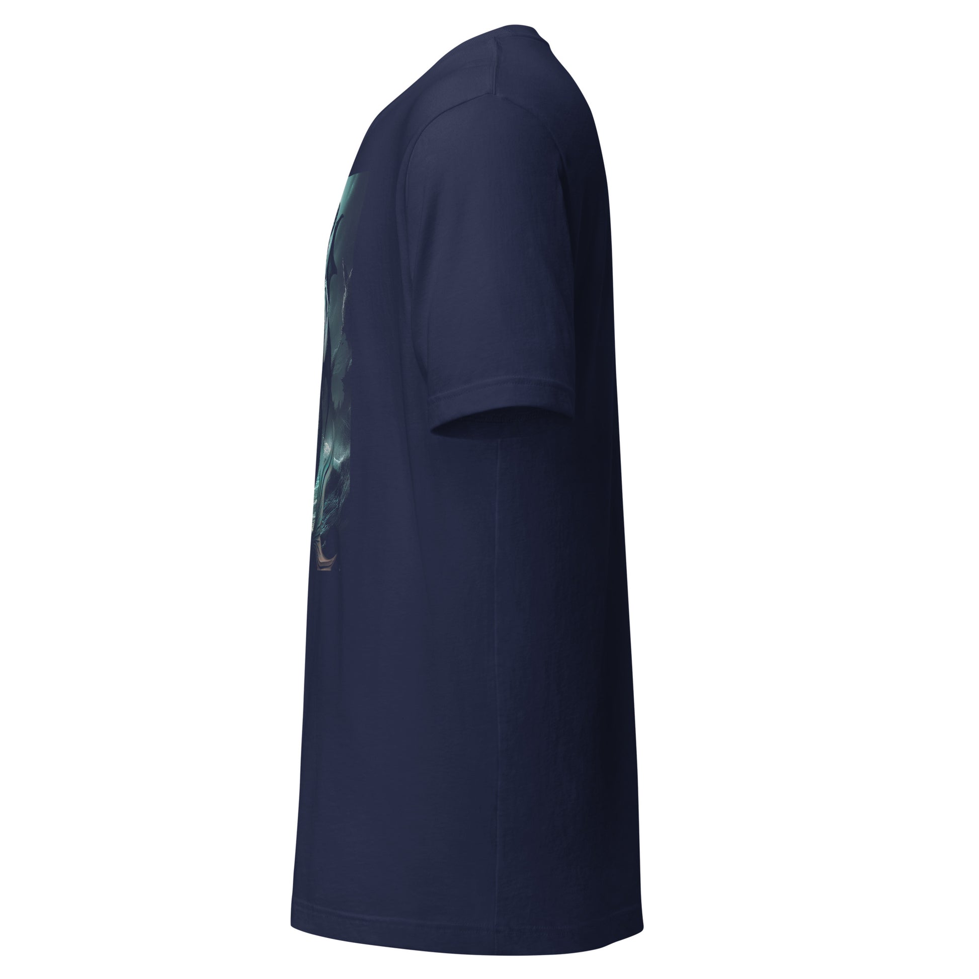 LuckeLadybug dark mermaid graphic tee in navy blue shown from side view