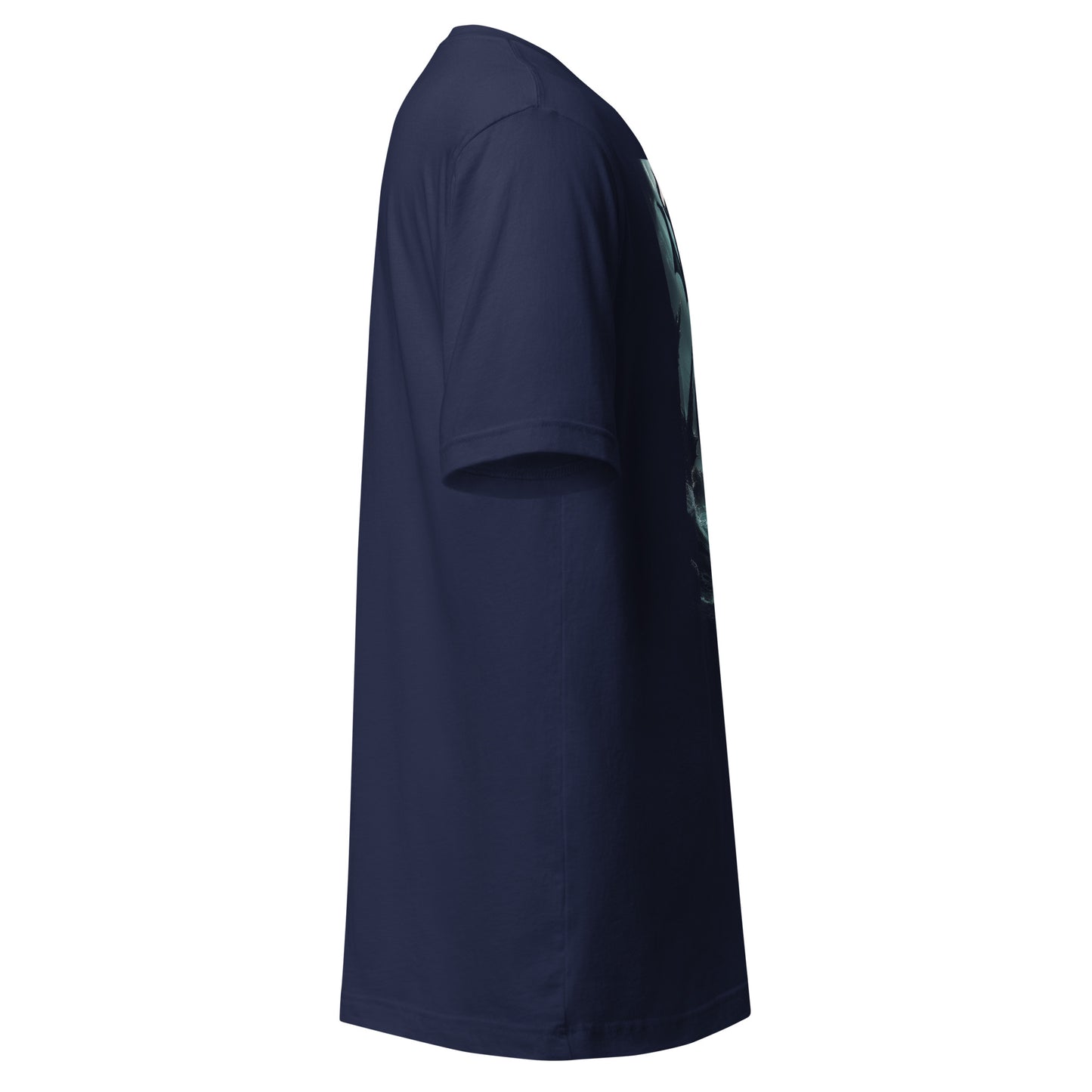 Side view of LuckeLadybug dark mermaid graphic tee in navy blue with short sleeves