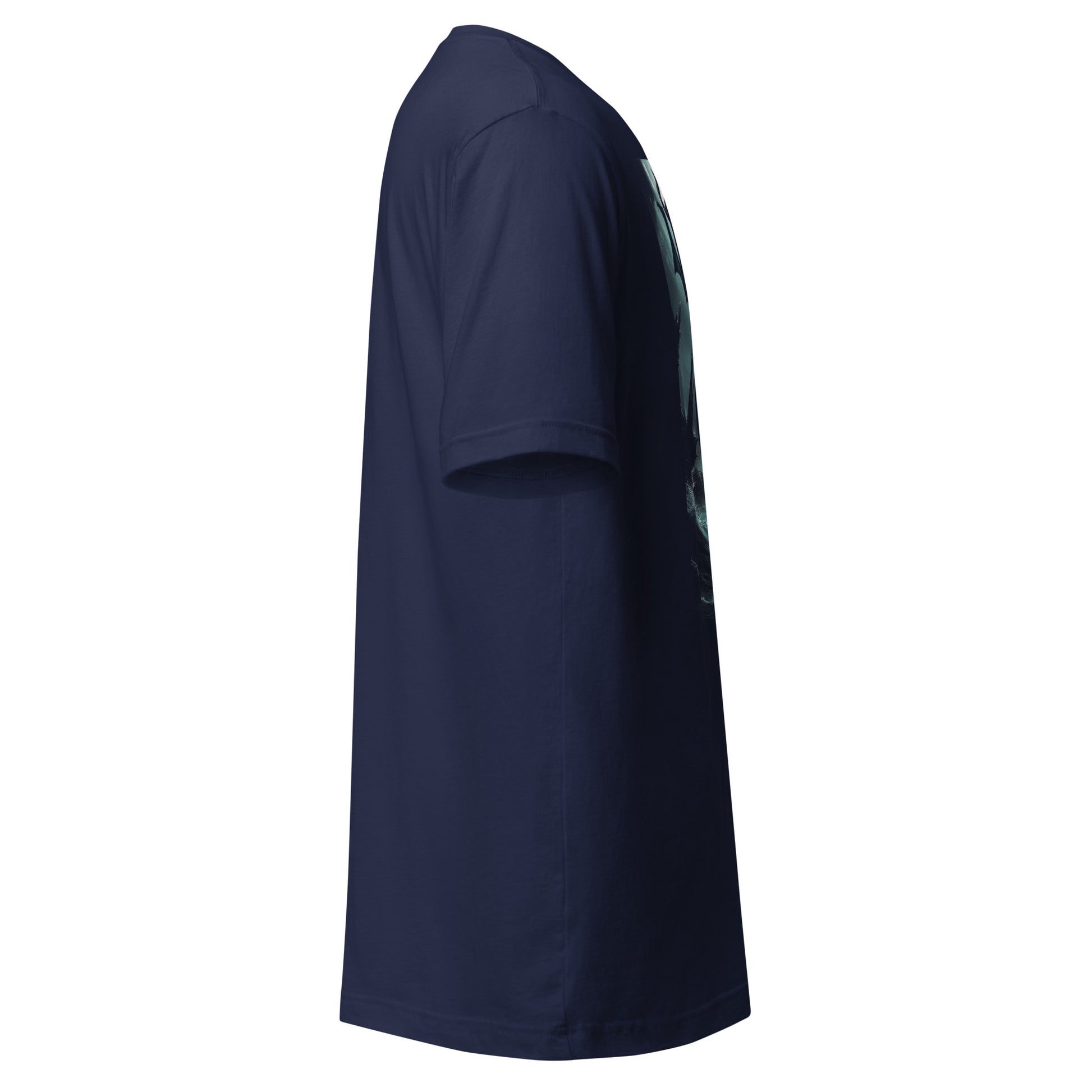 Side view of LuckeLadybug dark mermaid graphic tee in navy blue with short sleeves