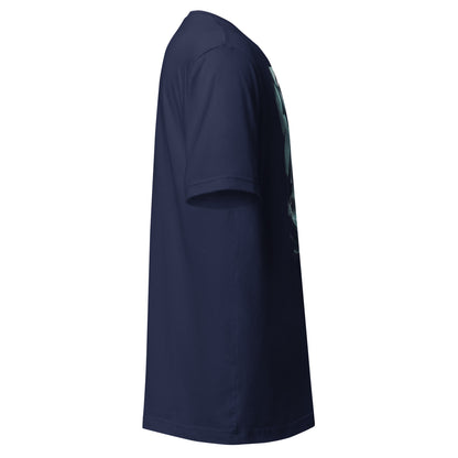 Side view of LuckeLadybug dark mermaid graphic tee in navy blue with short sleeves