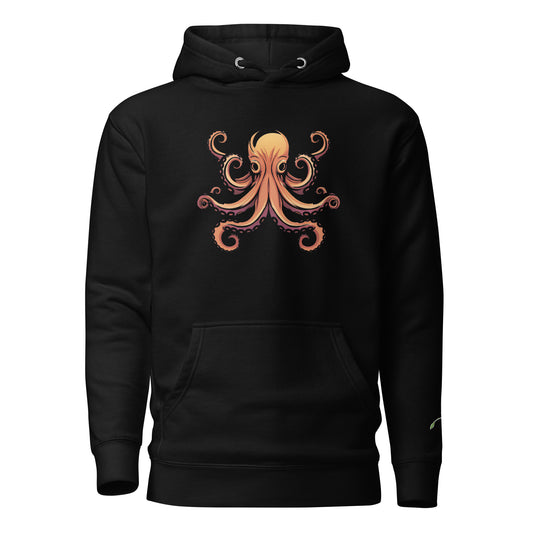 LuckeLadybug black hoodie with an orange octopus design deep sea graphic hoodie