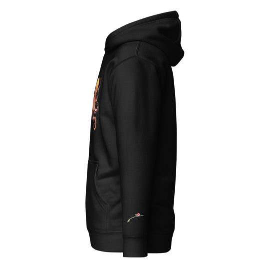 LuckeLadybug black deep sea graphic hoodie side view with front pocket and hood