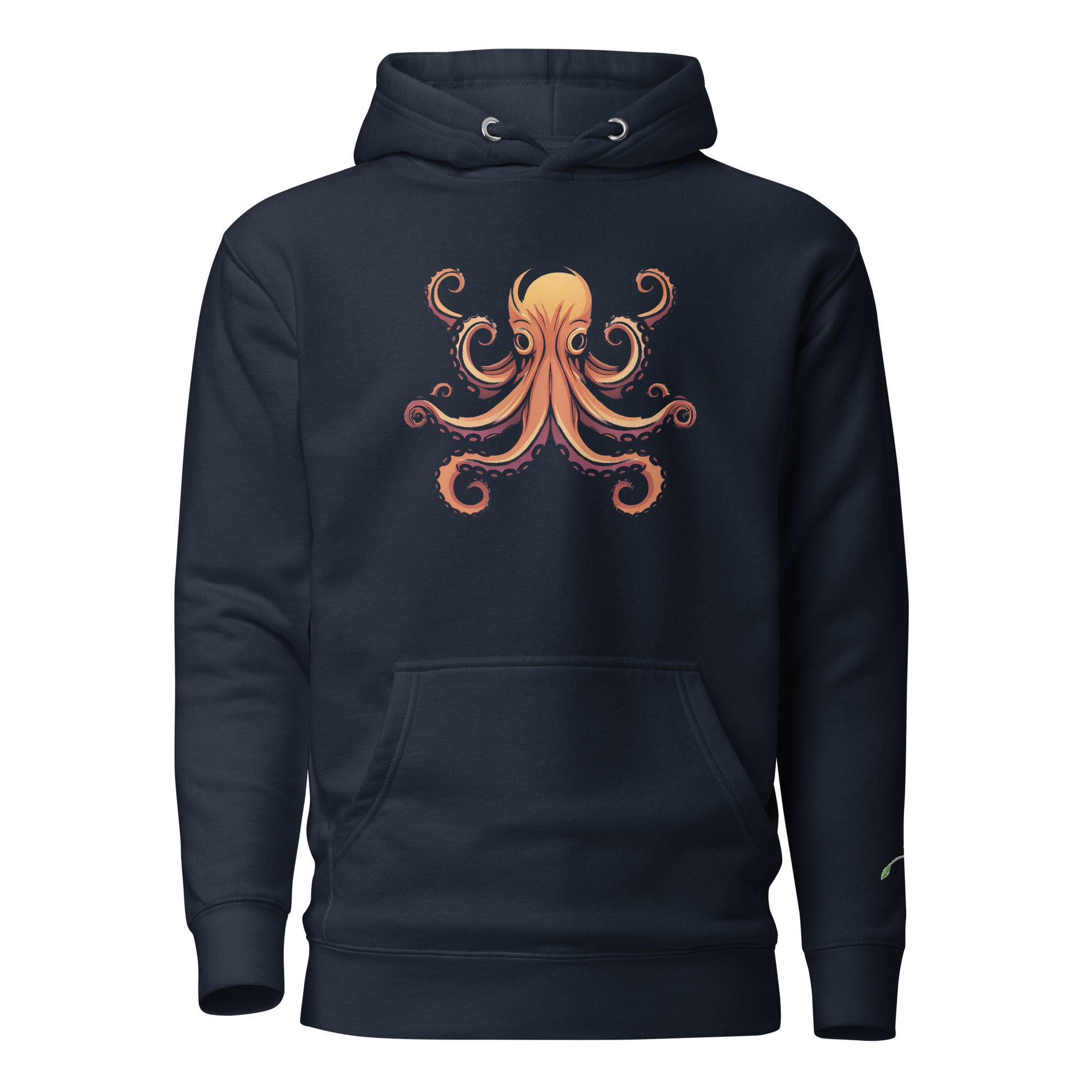 LuckeLadybug deep sea graphic hoodie in navy blue with an orange octopus design on the front