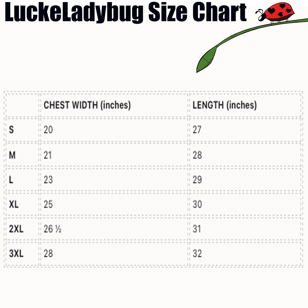 LuckeLadybug size chart showing chest width and length in inches for deep sea graphic hoodie sizes S to 3XL