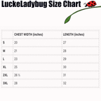 LuckeLadybug size chart showing chest width and length in inches for deep sea graphic hoodie sizes S to 3XL