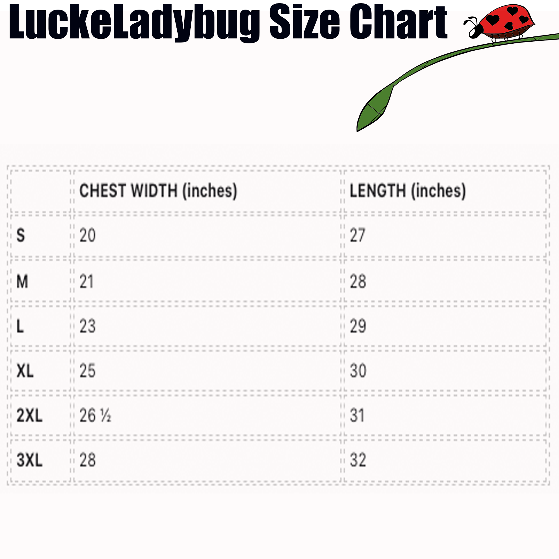 LuckeLadybug size chart showing chest width and length in inches for deep sea graphic hoodie sizes S to 3XL
