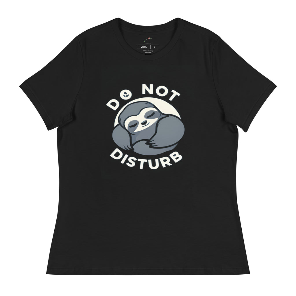 do not disturb sloth t-shirt in black with cute sleeping sloth graphic and white text