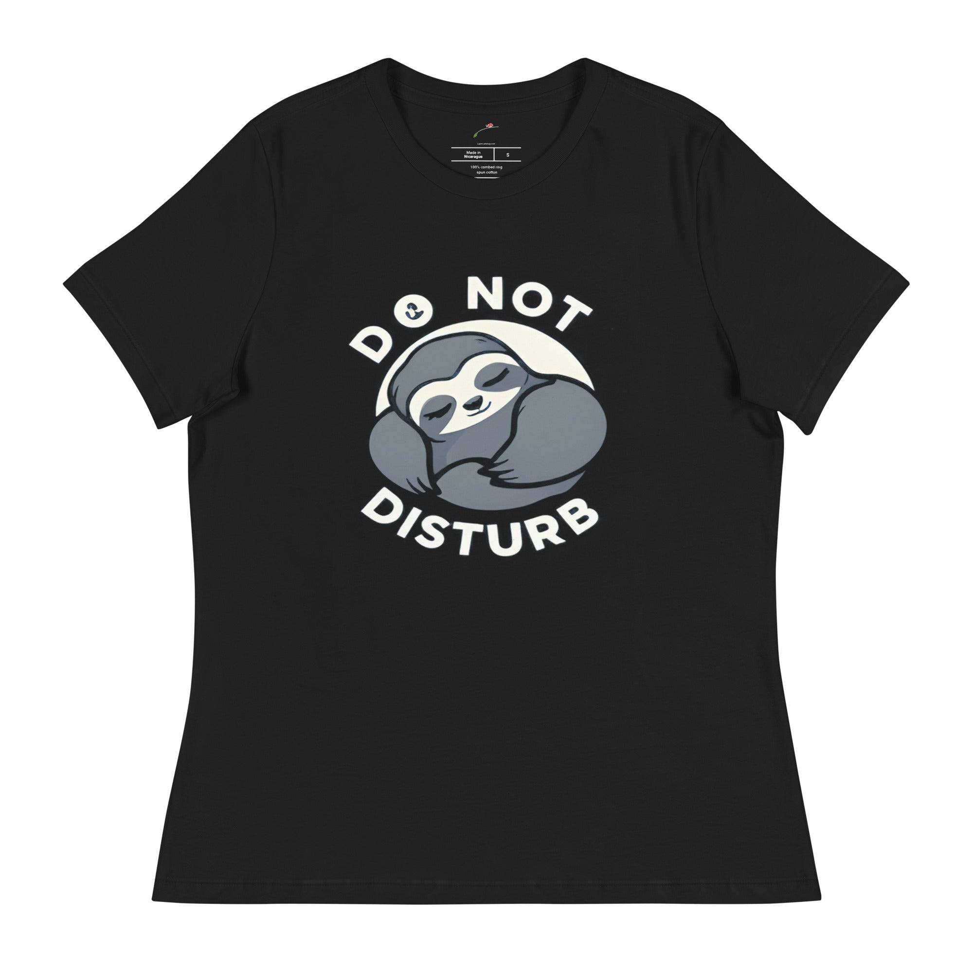 do not disturb sloth t-shirt in black with cute sleeping sloth graphic and white text