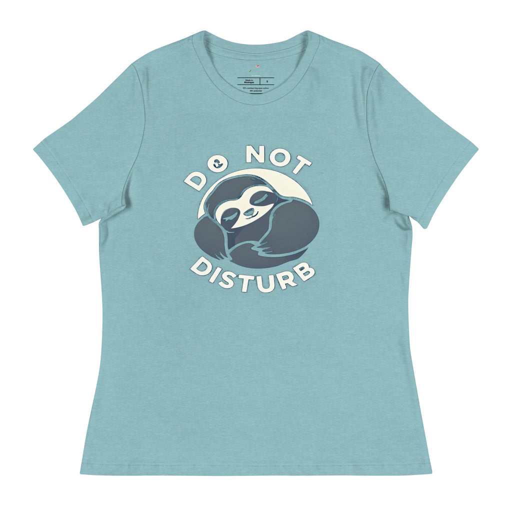 do not disturb sloth t-shirt in light blue with a cute sleeping sloth graphic