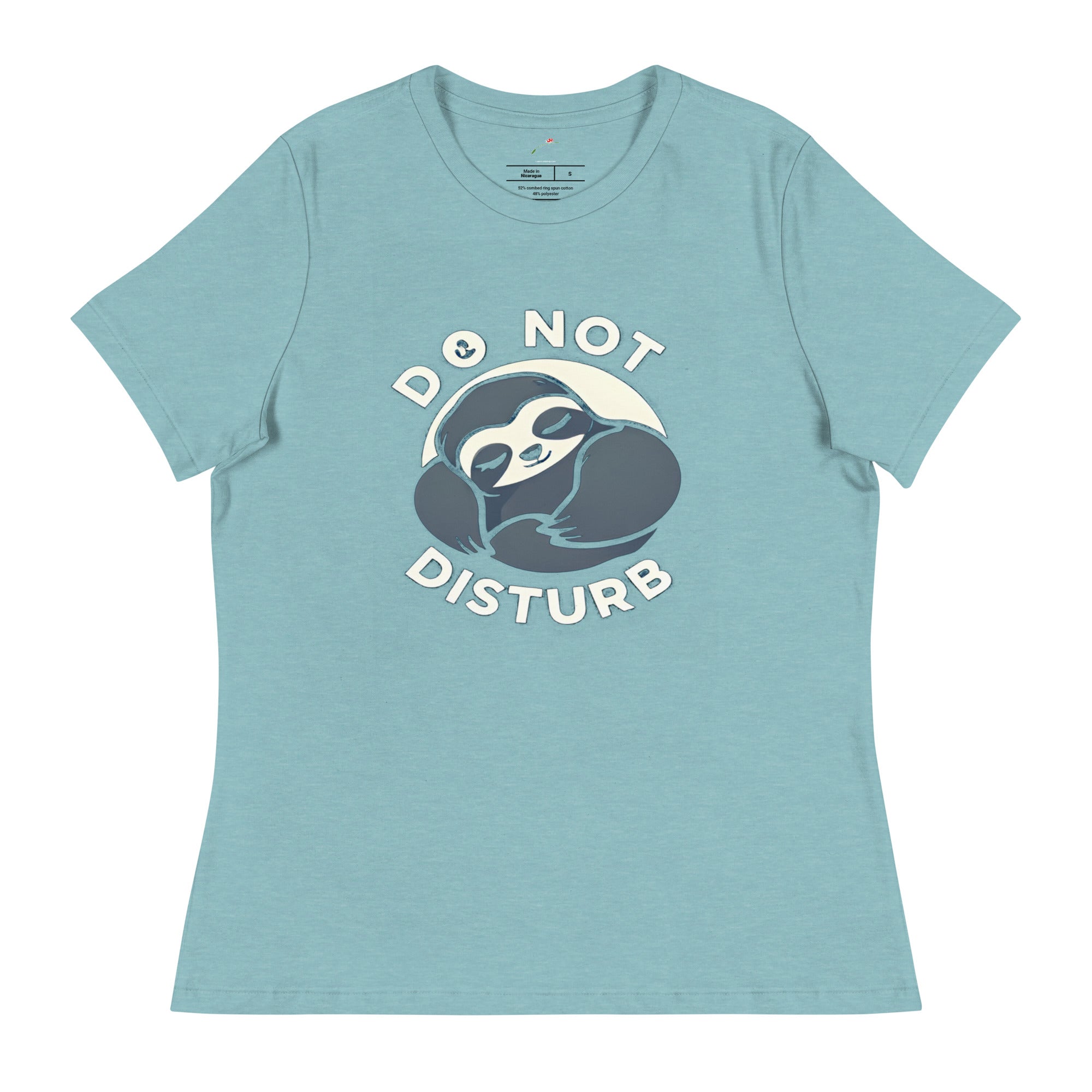 do not disturb sloth t-shirt in light blue with a cute sleeping sloth graphic