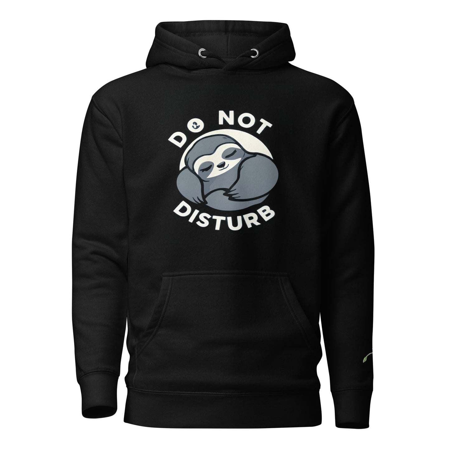 Black hoodie with a cute sloth and do not disturb sweatshirt text graphic on front