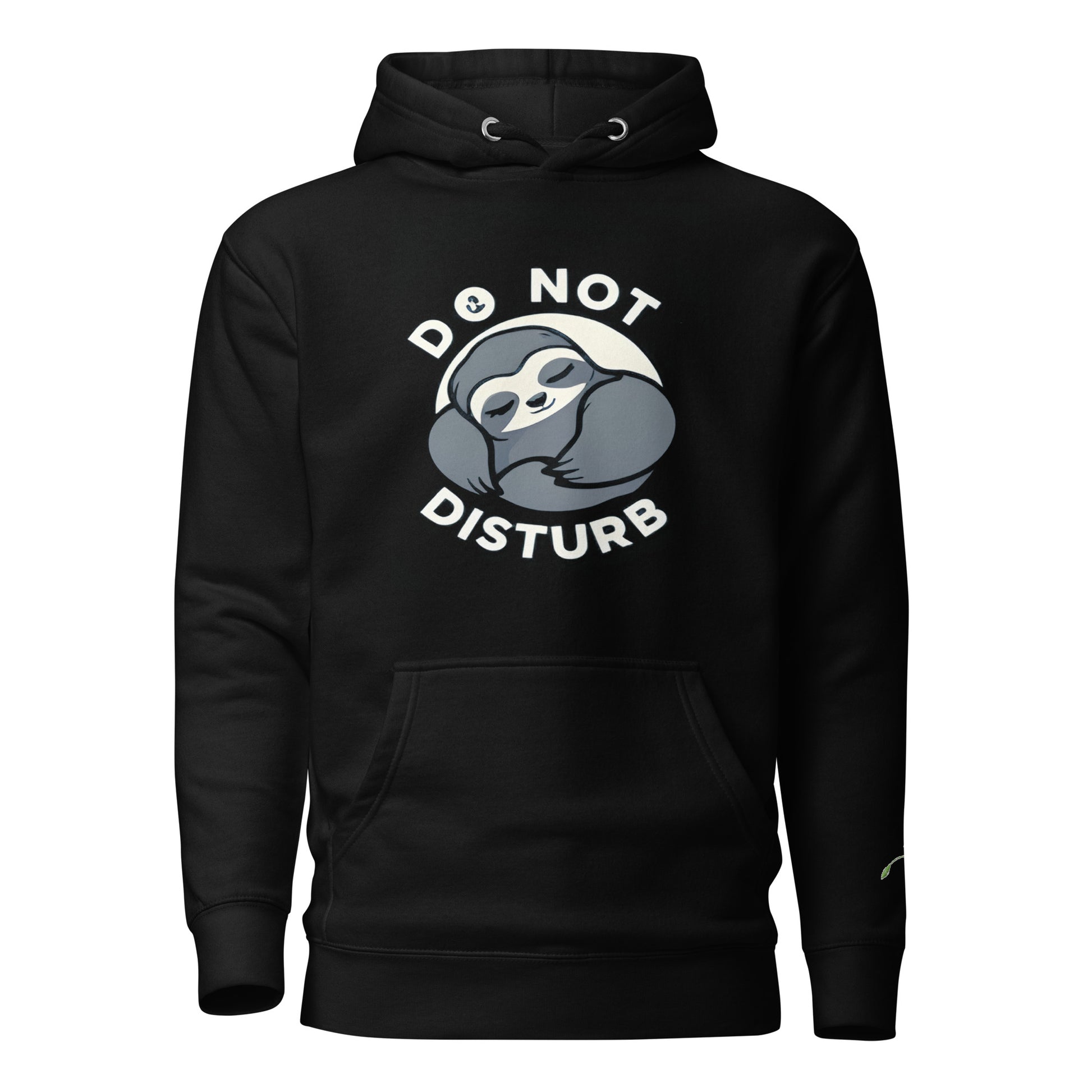 Black hoodie with a cute sloth and do not disturb sweatshirt text graphic on front