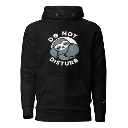 Black hoodie with a cute sloth and do not disturb sweatshirt text graphic on front