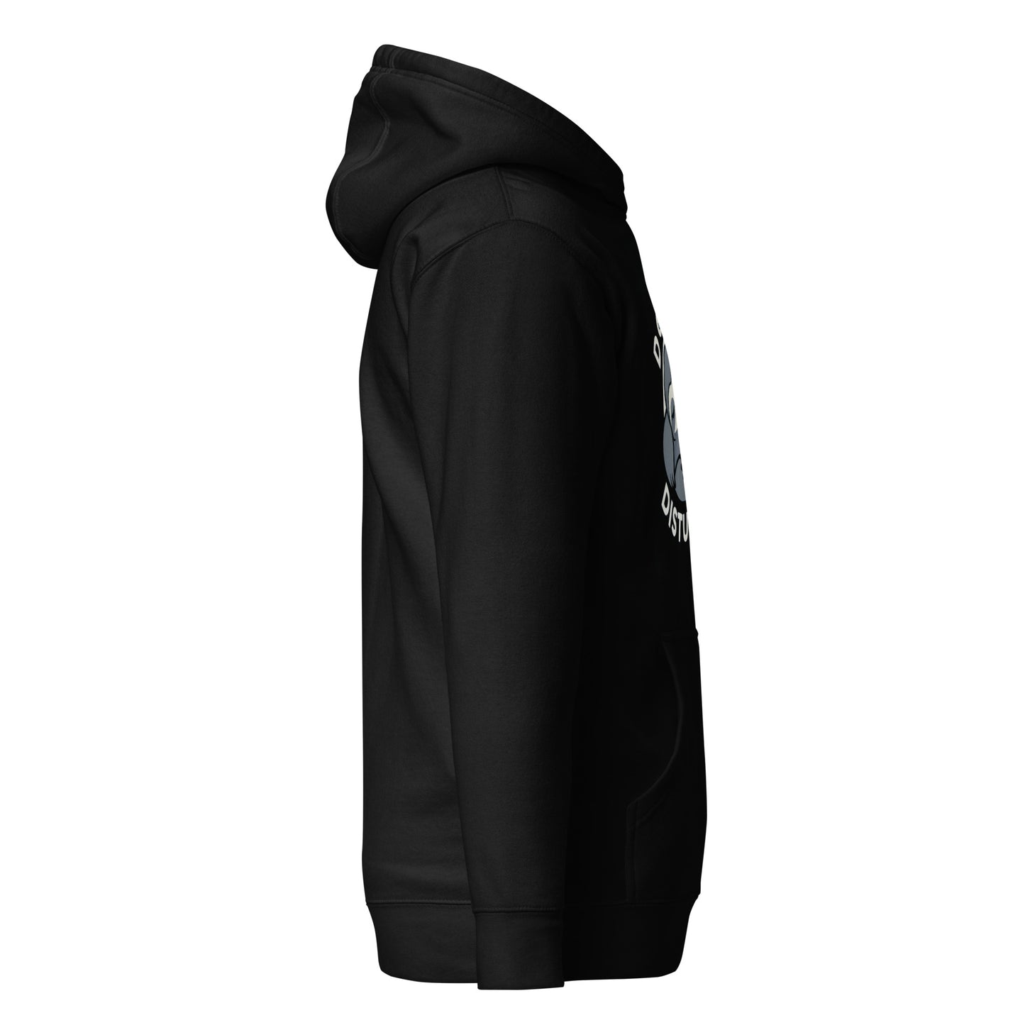 Black hoodie shown from side view featuring do not disturb sweatshirt design