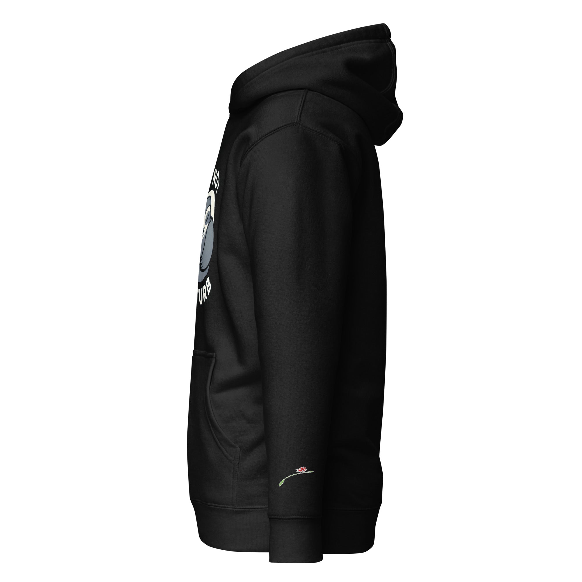 Black hoodie side view with do not disturb sweatshirt design and front pocket