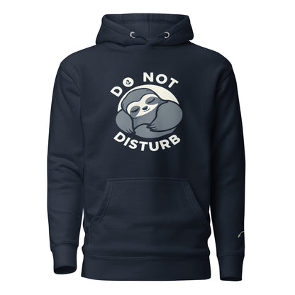 navy hoodie with a cute sloth graphic and do not disturb sweatshirt text on front