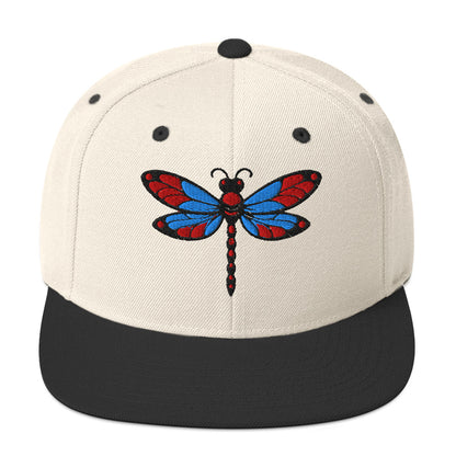 LuckeLadybug dragonfly snapback hat with embroidered red and blue dragonfly on white crown and black brim