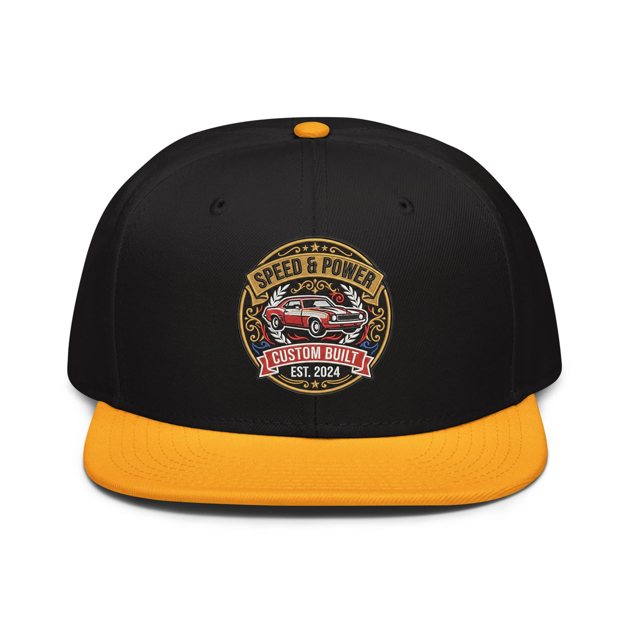 Black and yellow snapback hat featuring 'Speed & Power Custom Built' with a vintage car design for those who drift in car