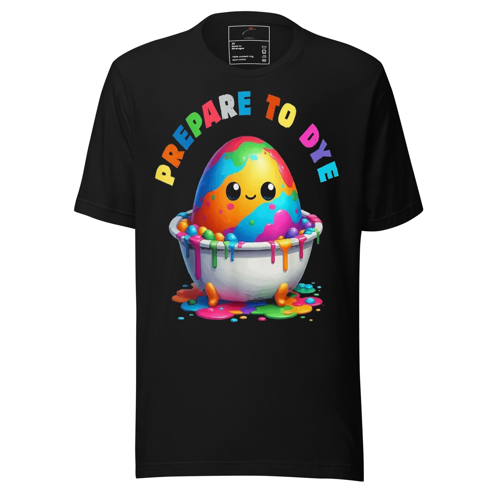 LuckeLadybug black t shirt with colorful smiling egg in paint bowl and Prepare to Dye text Easter egg painting shirt for spring