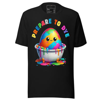 LuckeLadybug black t shirt with colorful smiling egg in paint bowl and Prepare to Dye text Easter egg painting shirt for spring