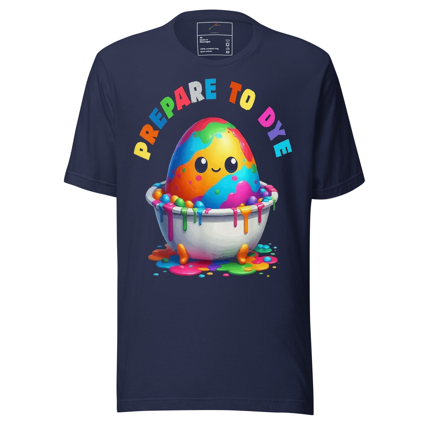 LuckeLadybug navy tee with cute smiling egg in a paint bowl and colorful drips Prepare to Dye Easter egg painting shirt