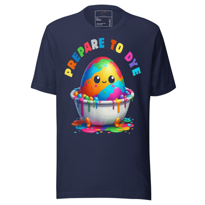 LuckeLadybug navy tee with cute smiling egg in a paint bowl and colorful drips Prepare to Dye Easter egg painting shirt