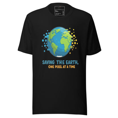 LuckeLadybug black eco friendly graphic t shirt with pixelated Earth design and Saving the Earth slogan