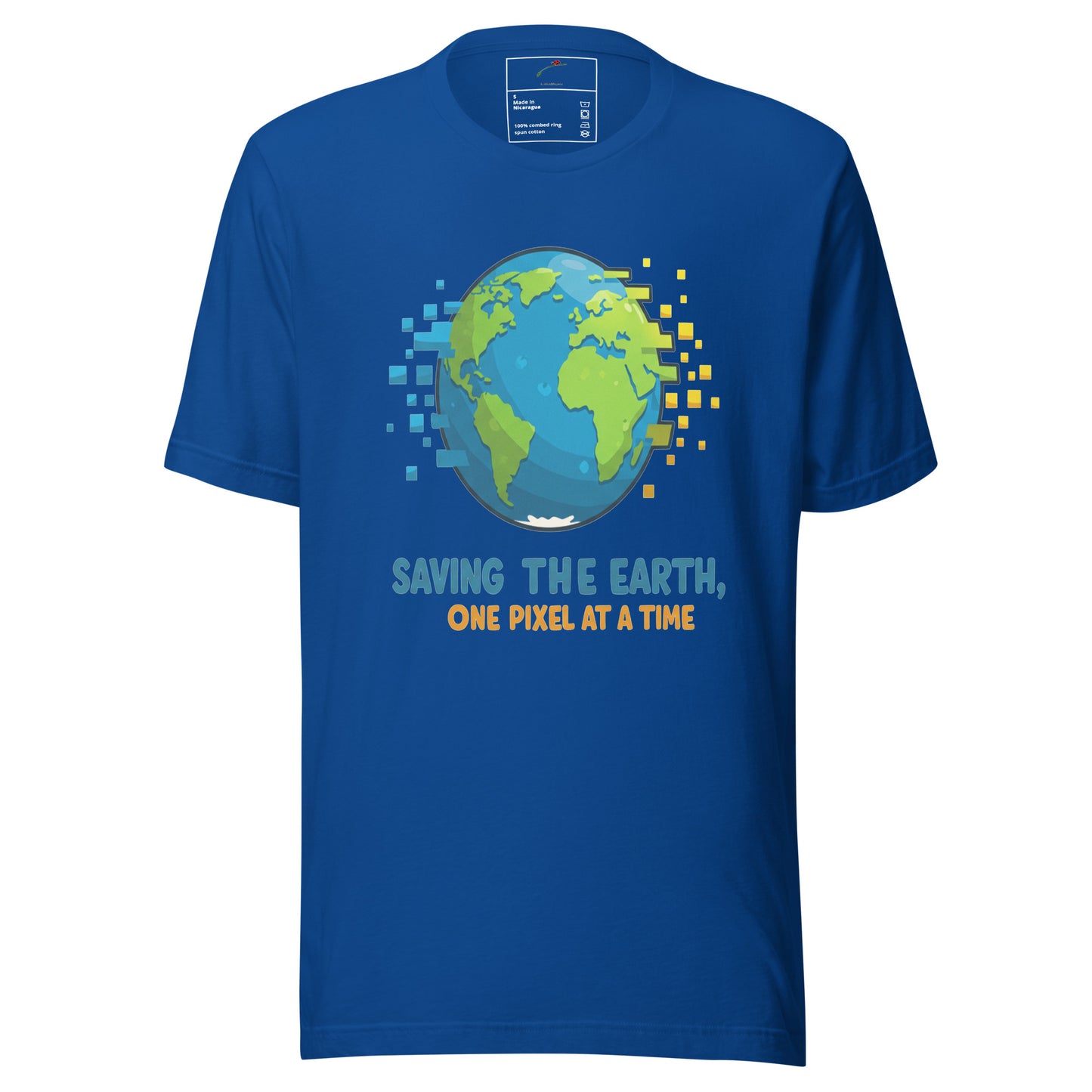LuckeLadybug blue eco friendly graphic t shirt with pixelated Earth design and Saving the Earth slogan