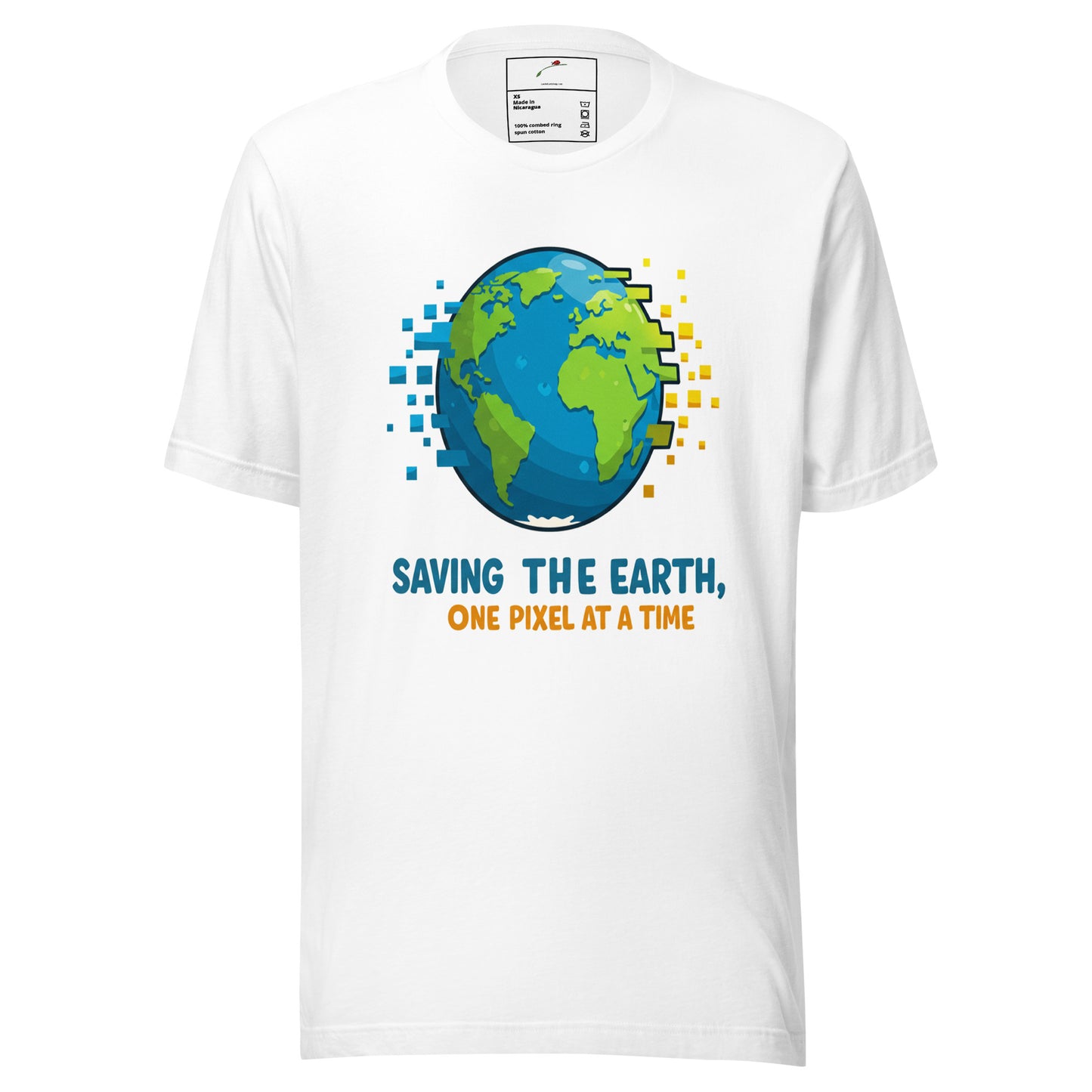 LuckeLadybug white t shirt with pixel Earth graphic and text Saving the Earth One Pixel at a Time eco friendly graphic t shirt