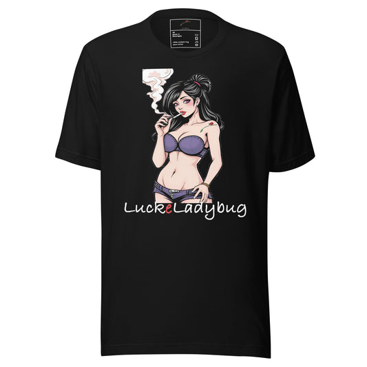 Black edgy graphic shirt for trendsetters featuring a stylish woman smoking with LuckeLadybug logo