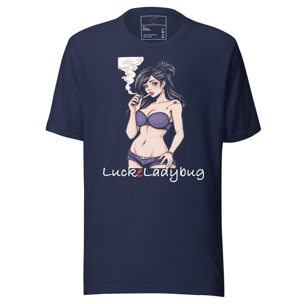 Navy LuckeLadybug edgy graphic shirt for trendsetters with illustrated smoking woman design
