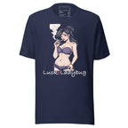 Navy LuckeLadybug edgy graphic shirt for trendsetters with illustrated smoking woman design